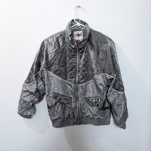 ACTIVE FRONTIER Shiny Quilted Silver Full-Zip Windbreaker Jacket, Petite Small